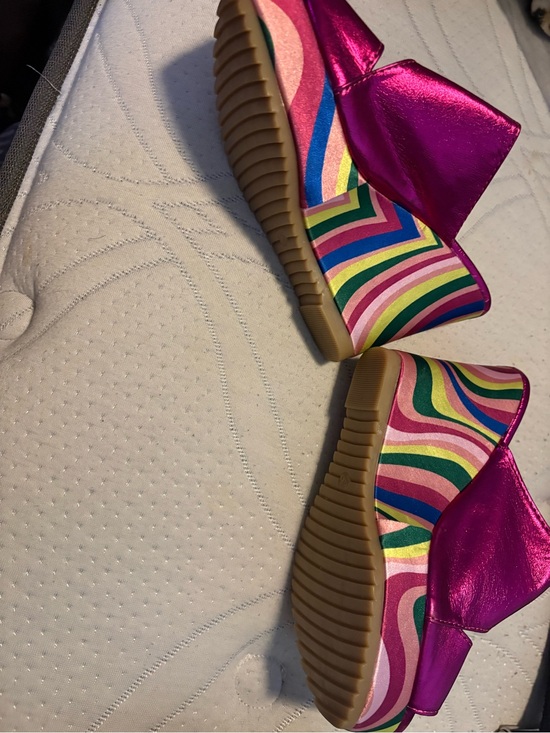 Source Unknown Shoes - Source Unknown Metallic Fuchsia Platform Shoes with Rainbow Stripe Wedge